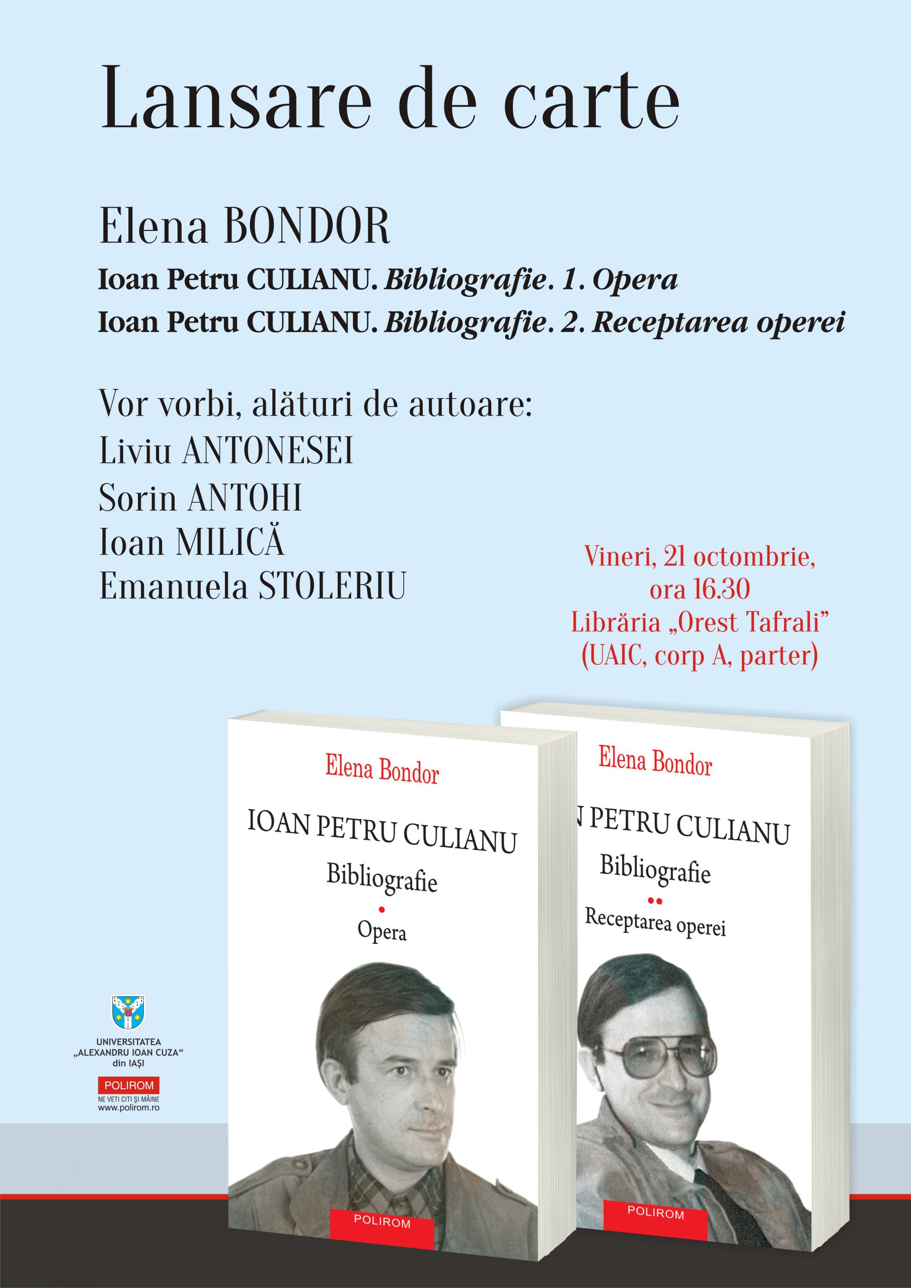 Fantastic eleven leg Lansare de carte la Librăria „Orest Tafrali”: Elena Bondor, ”Ioan Petru  Culianu. Bibliografie” - Agentia de cArte